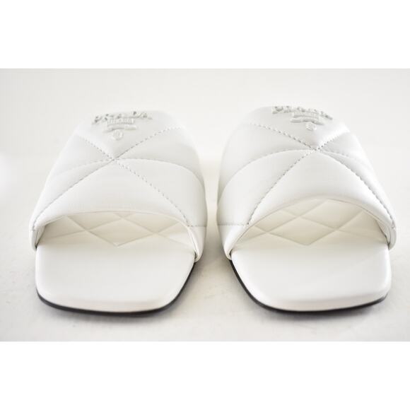 Prada White 55mm Quilted Nappa Leather Logo Slide Sandal Flat Sabots Mule 39 - Picture 10 of 16